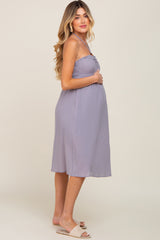 Grey Smocked Sleeveless Halter Maternity Midi Dress