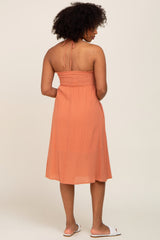 Rust Smocked Sleeveless Halter Midi Dress