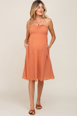 Rust Smocked Sleeveless Halter Maternity Midi Dress