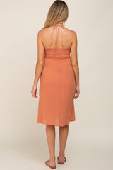 Rust Smocked Sleeveless Halter Maternity Midi Dress