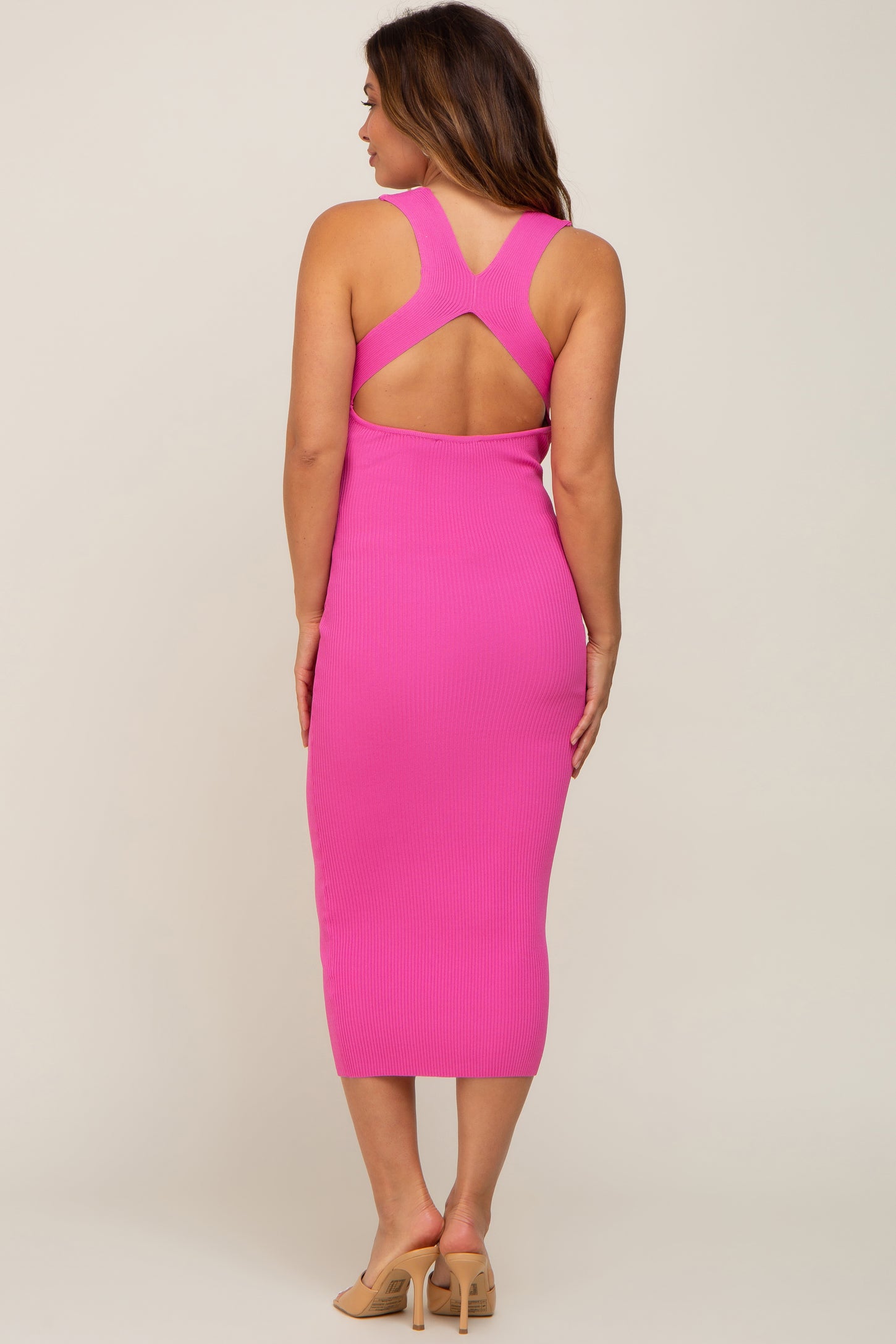 Fuchsia Ribbed Low Back Cut Out Sleeveless Maternity Midi Dress– PinkBlush