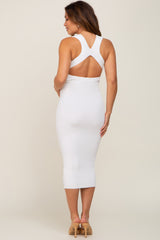 White Ribbed Low Back Cut Out Sleeveless Maternity Midi Dress