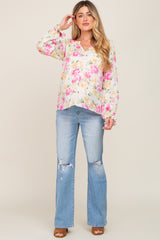 Ivory Floral Button Front Long Sleeve Maternity Blouse