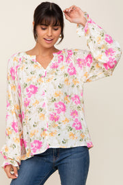 Ivory Floral Button Front Long Sleeve Blouse