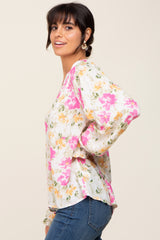 Ivory Floral Button Front Long Sleeve Blouse