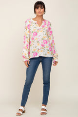 Ivory Floral Button Front Long Sleeve Blouse