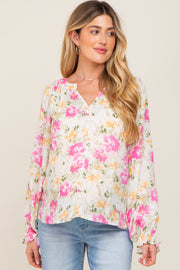 Ivory Floral Button Front Long Sleeve Maternity Blouse