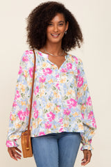 Blue Floral Button Front Long Sleeve Maternity Blouse