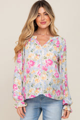 Blue Floral Button Front Long Sleeve Maternity Blouse