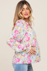 Blue Floral Button Front Long Sleeve Maternity Blouse