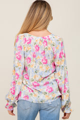 Blue Floral Button Front Long Sleeve Maternity Blouse