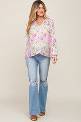 Blue Floral Button Front Long Sleeve Maternity Blouse