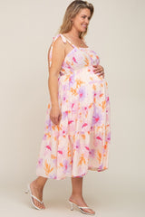 Lavender Floral Square Neck Shoulder Tie Tiered Maternity Plus Maxi Dress