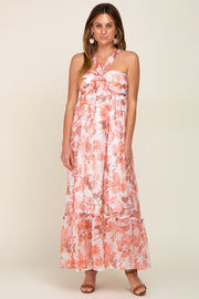 Rust Floral Chiffon Halter Maxi Dress