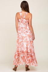 Rust Floral Chiffon Halter Maxi Dress