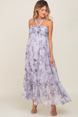 Lavender Floral Chiffon Halter Maternity Maxi Dress