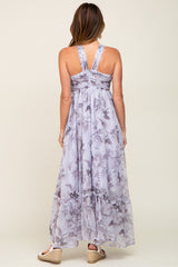 Lavender Floral Chiffon Halter Maxi Dress