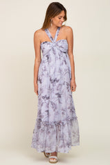 Lavender Floral Chiffon Halter Maxi Dress