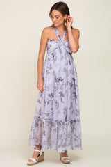 Lavender Floral Chiffon Halter Maxi Dress