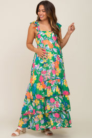 Green Floral Chiffon Square Neck Ruffle Maternity Maxi Dress