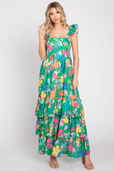 Green Floral Chiffon Square Neck Ruffle Maternity Maxi Dress