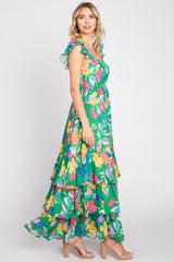 Green Floral Chiffon Square Neck Ruffle Maxi Dress