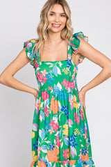 Green Floral Chiffon Square Neck Ruffle Maxi Dress