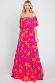 Fuchsia Floral Strapless Flounce Maxi Dress