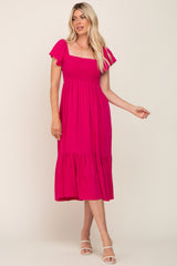 Fuchsia Smocked Ruffle Hem Maternity Midi Dress