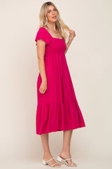 Fuchsia Smocked Ruffle Hem Midi Dress