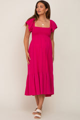 Fuchsia Smocked Ruffle Hem Maternity Midi Dress