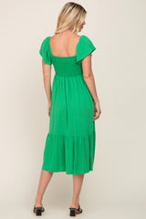 Green Smocked Ruffle Hem Midi Dress