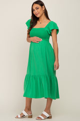 Green Smocked Ruffle Hem Maternity Midi Dress