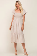 Beige Smocked Ruffle Hem Midi Dress