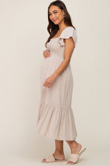 Beige Smocked Ruffle Hem Maternity Midi Dress