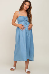 Blue Chambray Cinched Smocked Maternity Midi Dress