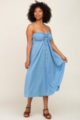 Blue Chambray Cinched Smocked Maternity Midi Dress