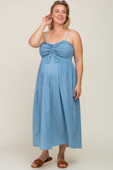 Blue Chambray Cinched Smocked Maternity Plus Size Midi Dress