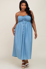 Blue Chambray Cinched Smocked Maternity Plus Size Midi Dress