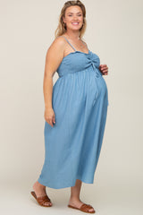 Blue Chambray Cinched Smocked Maternity Plus Size Midi Dress