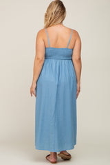 Blue Chambray Cinched Smocked Maternity Plus Size Midi Dress