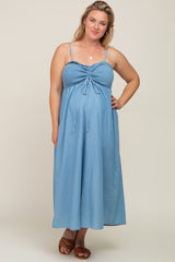 Blue Chambray Cinched Smocked Maternity Plus Size Midi Dress