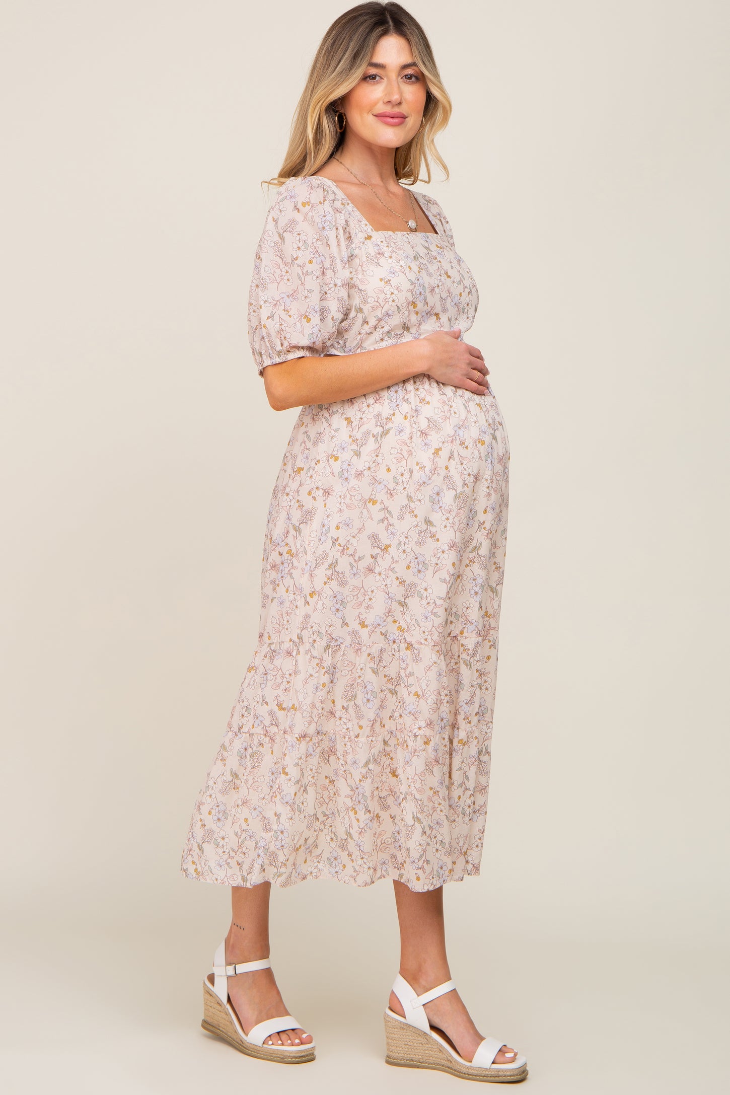 Beige big flower maternity wear maxi dress 