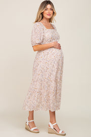 Cream Floral Puff Sleeve Maternity Midi Dress