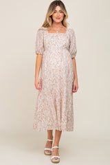 Cream Floral Puff Sleeve Maternity Midi Dress