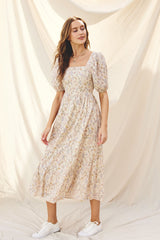 Cream Floral Puff Sleeve Maternity Midi Dress