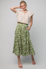 Green Floral Pleated Maternity Midi Skirt