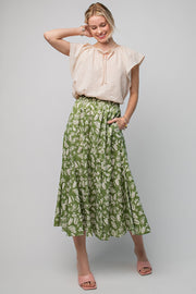 Green Floral Pleated Midi Skirt