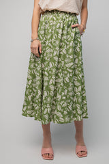 Green Floral Pleated Midi Skirt