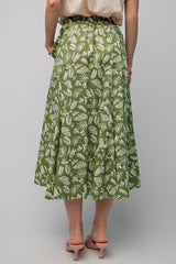 Green Floral Pleated Midi Skirt